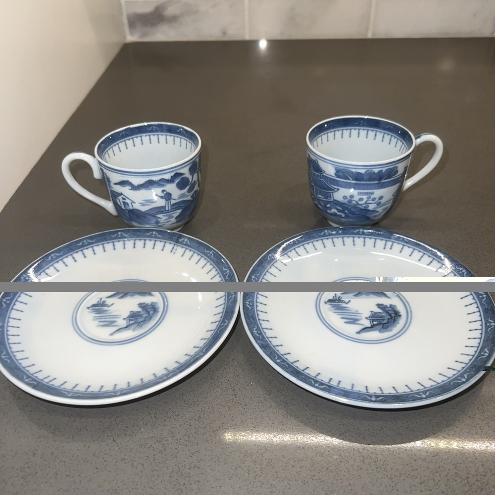 Vintage LJ Japan Blue & White Porcelain (Set Of 2) Demitasse Cups n Saucers